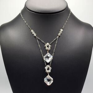 1920s Art Deco Crystal Lavalier Necklace Y Drop Leaded Glass Crinkle Link Chain